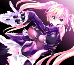  aqua_eyes bad_id bad_pixiv_id bare_shoulders black_thighhighs blush bodysuit breasts detached_sleeves female gloves hair_ribbon highres large_breasts long_hair looking_at_viewer navel noto_kurumi original pink_hair pointing purple_bodysuit ribbon skin_tight smile solo thighhighs twintails very_long_hair 