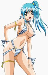  :&gt; artist_request bad_link bikini blue_hair breasts covered_nipples divergence_eve female highres kureha_misaki large_breasts photoshop_(medium) side_ponytail solo striped_bikini striped_clothes swimsuit 