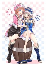  2girls :d atelier_(series) atelier_rorona atelier_totori bangle barefoot barrel blue_eyes blue_footwear blue_sleeves blunt_bangs blush boots bracelet breasts brown_eyes brown_hair cape checkered_background cleavage commentary_request detached_sleeves dress flat_chest hat headdress highres hinasaki_you holding_hands interlocked_fingers jewelry knee_boots legs looking_at_viewer medium_breasts multiple_girls nail_polish open_mouth orange_hair pendant photoshop_(medium) rororina_fryxell shoes single_shoe single_thighhigh sitting sitting_on_object skirt smile strapless strapless_dress symmetrical_hand_pose thigh_boots thighhighs toenail_polish toenails totooria_helmold 