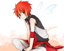  1boy armband bad_id bad_pixiv_id ittoki_otoya male_focus pants photoshop_(medium) red_eyes red_hair sitting smile solo tarou_(run) uta_no_prince-sama white_background wings 