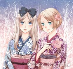  2girls alternate_costume axis_powers_hetalia bad_id bad_pixiv_id belarus_(hetalia) blonde_hair blue_eyes blush bow english_text expressionless floral_print flower hair_flower hair_ornament hairbow hand_on_own_chest happy_new_year japanese_clothes kimono kourai_jinjin lips lipstick long_hair makeup multiple_girls new_year parted_bangs parted_hair sash short_hair siblings side_part sisters smile snow swept_bangs tree ukraine_(hetalia) winter 