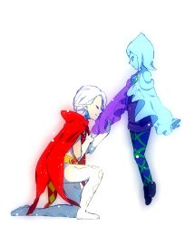  1boy blue_hair cape closed_eyes commentary_request earrings female fi_(zelda) ghirahim gloves jewelry kissing pantyhose smile the_legend_of_zelda the_legend_of_zelda:_skyward_sword ukata white_hair 