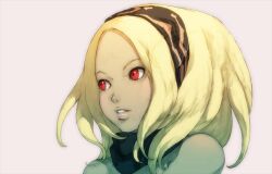  bare_shoulders blonde_hair dark-skinned_female dark_skin eyebrows female gravity_daze hairband kitten_(gravity_daze) lips nose official_art portrait red_eyes saitou_shunsuke scarf short_hair simple_background solo 