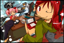  5girls akemi_homura amy_(madoka_magica) black_cat black_hair blonde_hair blue_hair chopsticks commentary_request dragon feline grin hair_ribbon half-split_chopsticks handheld_game_console highres hood hoodie kaname_madoka kotatsu kyuubee lagiacrus long_hair looking_back magical_girl mahou_shoujo_madoka_magica mahou_shoujo_madoka_magica_(anime) miki_sayaka monster_hunter_(series) monster_hunter_3_g mouth_hold multiple_girls nintendo_3ds no_legwear one_eye_closed pink_eyes pink_hair playing_games ponytail red_eyes red_hair ribbon sakura_kyoko shiotan short_hair shorts sleeping smile table thighhighs tomoe_mami tomoe_mami_(magical_girl) 