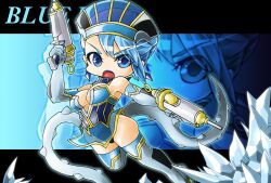  bare_shoulders blue_eyes blue_hair blue_rose boots breasts chibi cleavage commentary_request crystal crystal_earrings dual_wielding earrings elbow_gloves female gloves gun hat holding jewelry karina_lyle letterboxed lipstick makeup memento_vivi short_hair small_breasts solo superhero_costume thigh_boots thighhighs tiger_&amp;_bunny weapon zoom_layer 