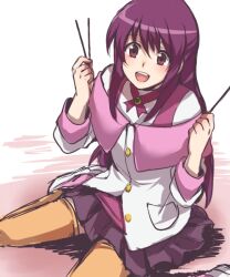  bad_id bad_pixiv_id battle_spirits battle_spirits:_brave female food long_hair pocky purple_eyes purple_hair shinomiya_mai sitting skirt solo tarou_(run) thighhighs 