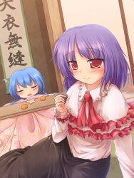  2girls blue_hair blush commentary_request cup food fruit hanging_scroll highres hinanawi_tenshi kotatsu lzh mandarin_orange multiple_girls nagae_iku no_headwear open_mouth purple_hair red_eyes scroll shirt sign sitting skirt sleeping smile table touhou translated 