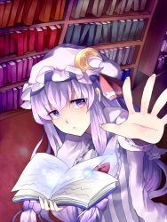  bad_id bad_pixiv_id book bow crescent dress female hairbow hat holding holding_book meronpanna_(mikoniito) open_book patchouli_knowledge purple_eyes purple_hair solo touhou 