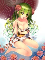  :d bad_id bad_pixiv_id bare_legs bare_shoulders barefoot breasts cleavage female floral_print flower green_hair hair_flower hair_ornament happy large_breasts legs long_hair off_shoulder oil-paper_umbrella open_mouth original panties pantyshot partially_submerged sitting smile solo thighs umbrella underwear wariza water wavy_hair white_panties yadapot yellow_eyes 