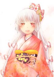  alternate_costume blush bow commentary_request dress female floral_print floral_print_sash flower fujiwara_no_mokou hair_flower hair_ornament hair_ribbon hairbow japanese_clothes kimono kokotetsu long_hair obi open_mouth pink_kimono red_dress red_eyes ribbon sash smile solo touhou white_hair 