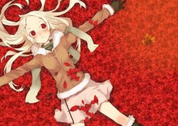  autumn_leaves blonde_hair female haruse_hiroki lying on_back original outstretched_arms red_eyes scarf skirt solo spread_arms 