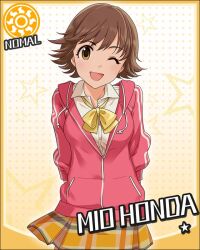  ;d artist_request card_(medium) character_name female honda_mio hood hooded_track_jacket idolmaster idolmaster_cinderella_girls jacket official_art one_eye_closed open_mouth pleated_skirt ribbon school_uniform short_hair skirt sleeves_pushed_up smile solo star_(symbol) sun_symbol track_jacket 