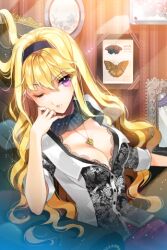  armchair blonde_hair breasts bug butterfly chair cherrypin cleavage eyelashes female flower framed_insect frills hairband head_rest jewelry large_breasts linia_pacifica long_hair lowres mirror moth necklace one_eye_closed pendant picture_frame purple_eyes sitting solo sword_girls wavy_hair 