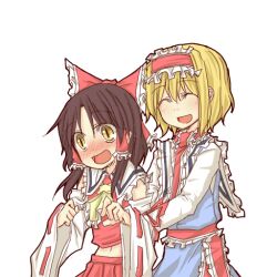  2girls :d ^_^ alice_margatroid alternate_eye_color blonde_hair blush bow brown_hair capelet closed_eyes commentary_request frills from_behind hair_tubes hairband hairbow hakurei_reimu large_bow multiple_girls natsuk open_mouth slit_pupils smile touhou yellow_eyes 