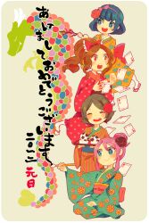  2012 4girls blue_eyes blue_hair brown_hair calligraphy calligraphy_brush commentary_request conoha green_hair hair_ornament inazuma_eleven inazuma_eleven_(series) japanese_clothes kakizome kino_aki kudou_fuyuka long_hair multiple_girls new_year open_mouth otonashi_haruna paintbrush photoshop_(medium) purple_hair raimon_natsumi red_eyes short_hair 