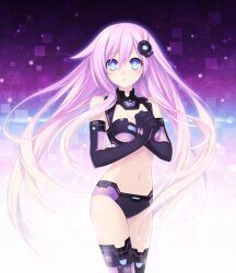  bare_shoulders blue_eyes blush breasts bustier choujigen_game_neptune_mk2 cleavage cleavage_cutout clothing_cutout elbow_gloves emblem female gloves hair_ornament highres interlocked_fingers long_hair looking_at_viewer medium_breasts midriff navel nepgear neptune_(series) official_art own_hands_clasped own_hands_together parted_lips power_symbol power_symbol-shaped_pupils purple_hair purple_sister shiny solo symbol-shaped_pupils thighhighs tsunako 