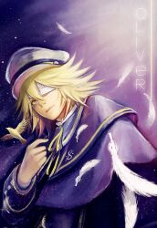  1boy bird blonde_hair commentary eyepatch feathers hat james_(vocaloid) male_focus oliver_(vocaloid) one_eye_covered sailor_hat solo vocaloid yatoko yellow_eyes 