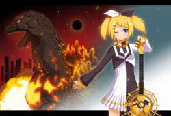  alternate_hairstyle bad_id bad_pixiv_id blonde_hair blue_eyes burning_godzilla crossover female godzilla godzilla_(series) guitar hair_ornament hair_ribbon hairclip instrument kagamine_rin kagamine_rin_(roshin_yuukai/hard_rkmix) monster night project_diva_(series) project_diva_2nd reactor_(module) ribbon roshin_yuukai_(vocaloid) twintails vocaloid yakitori_(oni) 