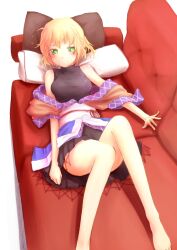  bare_legs barefoot blonde_hair blush commentary_request couch female green_eyes kokotetsu lying mizuhashi_parsee obi off_shoulder on_back pillow sash shirt short_hair skirt sleeveless solo touhou undershirt 