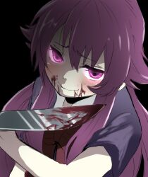  bad_id bad_pixiv_id blood female gasai_yuno glowing glowing_eyes jitome knife lowres mirai_nikki mitsu_yomogi pink_eyes pink_hair smile solo yandere 