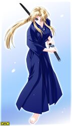  barefoot blonde_hair blue_eyes blue_hakama character_request feet female fighting_stance hair_over_one_eye hakama hakama_skirt imageboard_desourced japanese_clothes jewelry katana kkr necklace non-web_source omc ponytail ready_to_draw sidelocks skirt solo sword weapon 