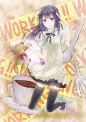  apron black_eyes black_hair black_legwear commentary_request copyright_name cup daisy_(working!!) female fork long_hair oversized_object sakura_iroha_(yume_no_kanau_tsukiyo) salute spoon stuffed_animal stuffed_toy teacup teddy_bear thighhighs waitress working!! yamada_aoi 