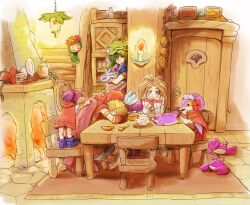  2boys 2girls bad_id bad_pixiv_id bird blonde_hair bowl bud_(lom) cabinet cactus candle chair commentary_request crab door elazul feathers feline fireplace green_hair lady_pearl legend_of_mana lil&#039;_cactus lisa_(lom) mog_(moglist) multiple_boys multiple_girls penguin plate pot purple_hair rug seiken_densetsu spoon table teapot toto_(lom) valerie_(lom) 