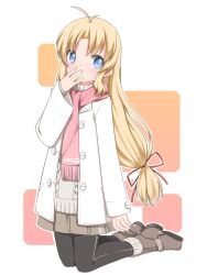  black_pantyhose blonde_hair blue_eyes buttons commentary_request female hair_ribbon hand_to_own_mouth highres kashiwagi_hatsune kizuato kneeling long_hair looking_at_viewer pantyhose photoshop_(medium) pleated_skirt ribbon scarf shouji_ayumu skirt solo sweater 