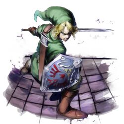  1boy blonde_hair blue_eyes boots commentary from_above gloves highres holding holding_sword holding_weapon hylian_shield imaoka left-handed link male_focus pointy_ears shield solo sword the_legend_of_zelda the_legend_of_zelda:_twilight_princess weapon 