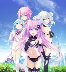  4girls :d :o back bare_shoulders black_gloves black_sister blue_eyes blue_hair blush bodysuit boots breasts building choujigen_game_neptune_mk2 cleavage cleavage_cutout clothing_cutout day drill_hair elbow_gloves emblem flower gloves gradient_hair grass green_eyes hair_ornament hand_on_own_chest highres light_particles long_hair looking_at_viewer looking_back medium_breasts midriff multicolored_hair multiple_girls navel nepgear neptune_(series) official_art open_mouth outdoors own_hands_together pink_eyes pink_hair power_symbol power_symbol-shaped_pupils purple_hair purple_sister revealing_clothes small_breasts smile standing symbol-shaped_pupils thigh_gap thighhighs tsunako twin_drills very_long_hair white_gloves white_hair white_sister_ram white_sister_rom 