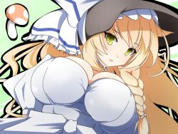  aged_up alternate_costume alternate_hairstyle bonnet braid breasts commentary_request dress female impossible_clothes impossible_dress invincible_marisa kirisame_marisa large_breasts long_hair mushroom new_super_marisa_land simple_background single_braid solo tenpesuto touhou upper_body yellow_eyes 