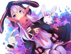  animal_ears commentary_request female hood hoodie jacket jiman long_hair looking_at_viewer photoshop_(medium) purple_eyes purple_hair rabbit solo stuffed_animal stuffed_rabbit stuffed_toy thighhighs twintails vocaloid voiceroid yuzuki_yukari 