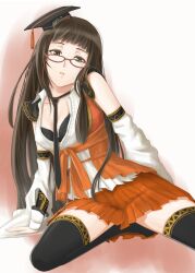  akito_(akitotika) bare_shoulders black_thighhighs bra brown_eyes brown_hair commentary_request detached_sleeves female glasses hat highres kneeling lingerie long_hair necktie pleated_skirt sangokushi_taisen skirt solo thighhighs underwear very_long_hair xin_xianying zettai_ryouiki 