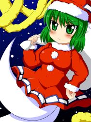  alternate_costume bad_id bad_pixiv_id blush female ghost_tail green_eyes green_hair hand_on_own_hip hat highres motsu_(selshia12) photoshop_(medium) santa_costume santa_hat soga_no_tojiko solo touhou 