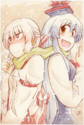  2girls :d blue_hair blush bow buckle commentary_request fujiwara_no_mokou hairbow hariyaa hat highres kamishirasawa_keine long_hair multiple_girls open_mouth photoshop_(medium) red_eyes ribbon scarf shared_clothes shared_scarf smile suspenders sweatdrop touhou upper_body white_hair 