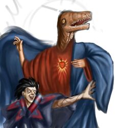  2boys 4chan black_hair crossover dinosaur drawfag fate/zero fate_(series) gilles_de_rais_(caster)_(fate) heart male_focus meme multiple_boys open_hand open_mouth outstretched_arm photoshop_(medium) raptor_jesus robe sharp_teeth simple_background teeth unfinished what yellow_eyes 