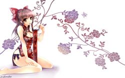  brown_eyes brown_hair chinese_dress cleavage flowers hakurei_reimu touhou white windforcelan 