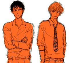  2boys arata_wataya chihayafuru crossed_arms glasses hands_in_pockets male male_focus mashima_taichi monochrome multiple_boys necktie no_background rough school_uniform short_hair 