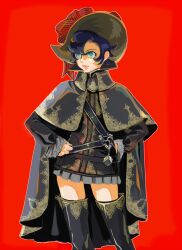  alternate_costume bad_id bad_pixiv_id blue_eyes blue_hair boots buckle cape capelet female hat hat_ribbon highres kiwo long_sleeves no_legwear princess_sapphire puffy_sleeves red_background ribbon ribbon_no_kishi simple_background solo striped thigh_boots thighhighs 