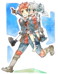  1boy avan_hardins bad_id bad_pixiv_id blue_eyes blush blush_stickers boots carrying female gloves grey_hair injury kuma_jet licorice_nelson military military_uniform piggyback pointing pointing_forward red_hair senjou_no_valkyria_(series) senjou_no_valkyria_2 shoes side_ponytail single_shoe sprain uniform 