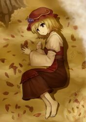  aki_minoriko autumn barefoot blonde_hair blue_door brown_eyes commentary dated dirt dust embellished_costume feet female food frills fruit grapes hat leaf lying on_ground open_mouth photoshop_(medium) short_hair solo touhou tree 