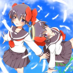  2girls ayukawa_tenri blue_eyes blue_sky bow commentary_request day diana_(kaminomi) dual_persona feathers hair_rings hairbow halo kami_nomi_zo_shiru_sekai multiple_girls photoshop_(medium) purple_eyes school_uniform serafuku short_hair skirt sky yuto_(dialique) 