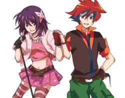  1boy bad_id bad_pixiv_id bashin_dan battle_spirits battle_spirits:_brave female hand_on_own_hip holding_hands interlocked_fingers microphone microphone_stand purple_hair red_hair shinomiya_mai short_hair tarou_(run) 