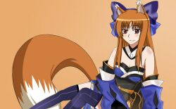  animal_ears bare_shoulders blue_thighhighs bow brown_hair cosplay detached_collar detached_sleeves drawfag fate/extra fate_(series) female hairbow holo long_hair photoshop_(medium) red_eyes simple_background solo spice_and_wolf strapless tail tamamo_(fate) tamamo_no_mae_(fate/extra) tamamo_no_mae_(fate/extra)_(cosplay) thighhighs wolf_ears wolf_tail 