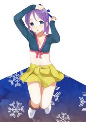  bad_id bad_pixiv_id female higebu inazuma_eleven inazuma_eleven_(series) kudou_fuyuka long_hair midriff navel photoshop_(medium) purple_eyes purple_hair skirt snowflakes solo 