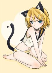  angry animal_ears bad_id bad_pixiv_id barefoot blonde_hair blue_eyes cat_ears cat_tail female hazuki_natsu kagamine_rin kemonomimi_mode looking_at_viewer navel no_pants oerba_yun_fang panties short_hair solo striped_clothes striped_panties tail underwear vocaloid 