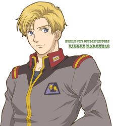  1boy bad_id bad_pixiv_id blonde_hair blue_eyes character_name gundam gundam_unicorn male_focus military military_uniform redpipin riddhe_marcenas simple_background solo uniform 