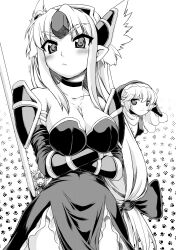  2girls :&lt; ? ^^^ armor between_breasts blush breasts can&#039;t_be_this_cute charlotte_(seiken_densetsu_3) choker commentary_request crossed_arms eyebrows forehead_jewel greyscale hat helmet highres jewelry large_breasts long_hair low-tied_long_hair monochrome multiple_girls necklace o_o ore_no_imouto_ga_konna_ni_kawaii_wake_ga_nai parody pauldrons pointy_ears riesz seiken_densetsu seiken_densetsu_3 shoulder_armor utsugi_tsuguha very_long_hair winged_helmet 