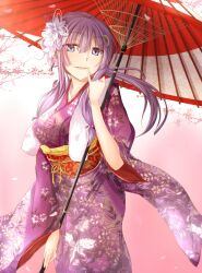  alternate_hairstyle blue_eyes branch commentary_request crescent crescent_hair_ornament female floral_print floral_print_sash flower furisode hair_flower hair_ornament japanese_clothes kimono long_hair new_year obi oil-paper_umbrella patchouli_knowledge petals ponytail purple_hair purple_kimono ram_hachimin sash solo touhou umbrella 