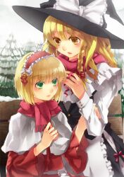  2girls alice_margatroid alternate_eye_color arm_grab bad_id bad_pixiv_id bell blonde_hair bow braid capelet green_eyes hairband hat hat_bow kirisame_marisa long_sleeves multiple_girls red_scarf ribbon scarf shiyun side_braid snow touhou tree white_bow wide_sleeves winter witch_hat yellow_eyes 